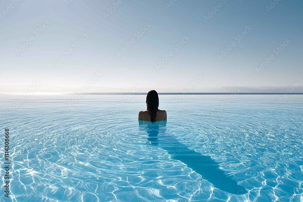 Serene Woman in Infinity Pool Overlooking Ocean Serene Woman in Infinity Pool Overlooking Ocean