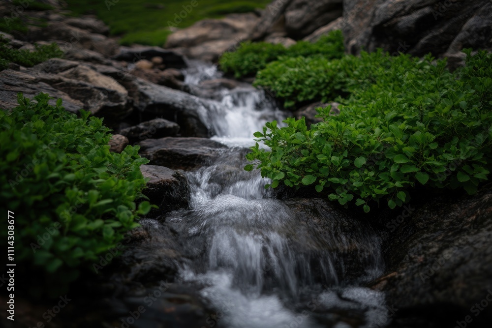 Mountain Stream Flows Over Rocks Amidst Lush Green Vegetation Mountain Stream Flows Over Rocks Amidst Lush Green Vegetation
