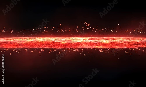Erupting Fiery Core: Horizontal Lava Stream with Scattered Embers on Black.