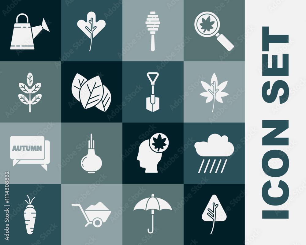 Set Leaf or leaves, Cloud with rain, Honey dipper stick, Watering can and Shovel icon. Vector Set Leaf or leaves, Cloud with rain, Honey dipper stick, Watering can and Shovel icon. Vector