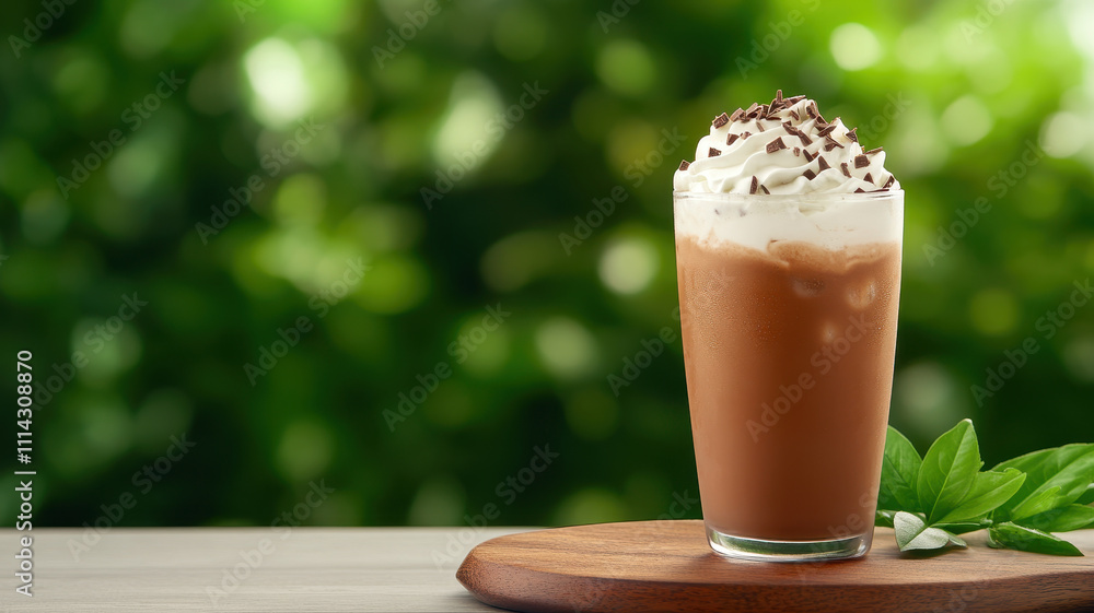 chilled glass of iced chocolate drink topped with whipped cream and chocolate shavings, set against blurred green background, evokes refreshing and indulgent experience chilled glass of iced chocolate drink topped with whipped cream and chocolate shavings, set against blurred green background, evokes refreshing and indulgent experience