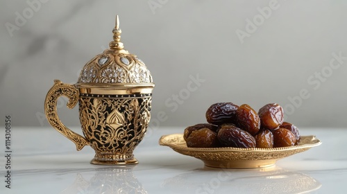 Traditional arabic coffee with dates . Ramadan decor with Arabian coffee set 