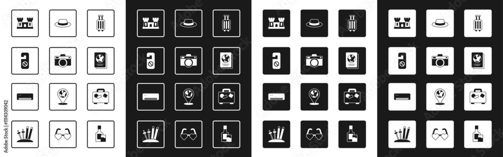 Set Suitcase, Photo camera, Please do not disturb, Sand castle, Passport, Man hat with ribbon, and Air conditioner icon. Vector Set Suitcase, Photo camera, Please do not disturb, Sand castle, Passport, Man hat with ribbon, and Air conditioner icon. Vector