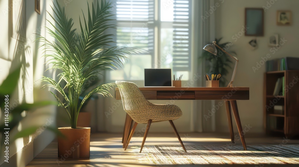 Obraz premium Sunlit home office with desk, chair, plants, and laptop.