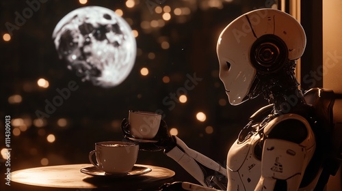 Robotic figure with exposed gears and mechanisms is engrossed in reading a book in a library setting. The image suggests a future where technology intertwines with knowledge and