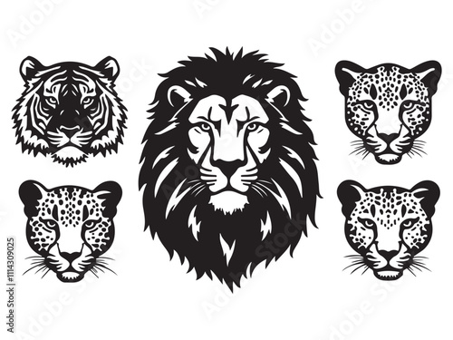 Powerful Big Cat silhouette Faces Vector Art - Lion, Tiger, Leopard, Cheetah, Panther Illustration photo