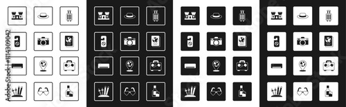 Set Suitcase, Photo camera, Please do not disturb, Sand castle, Passport, Man hat with ribbon, and Air conditioner icon. Vector