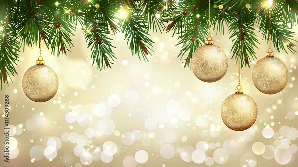 Festive red and gold ornaments with evergreen branches and a glowing bokeh background. Festive red and gold ornaments with evergreen branches and a glowing bokeh background.
