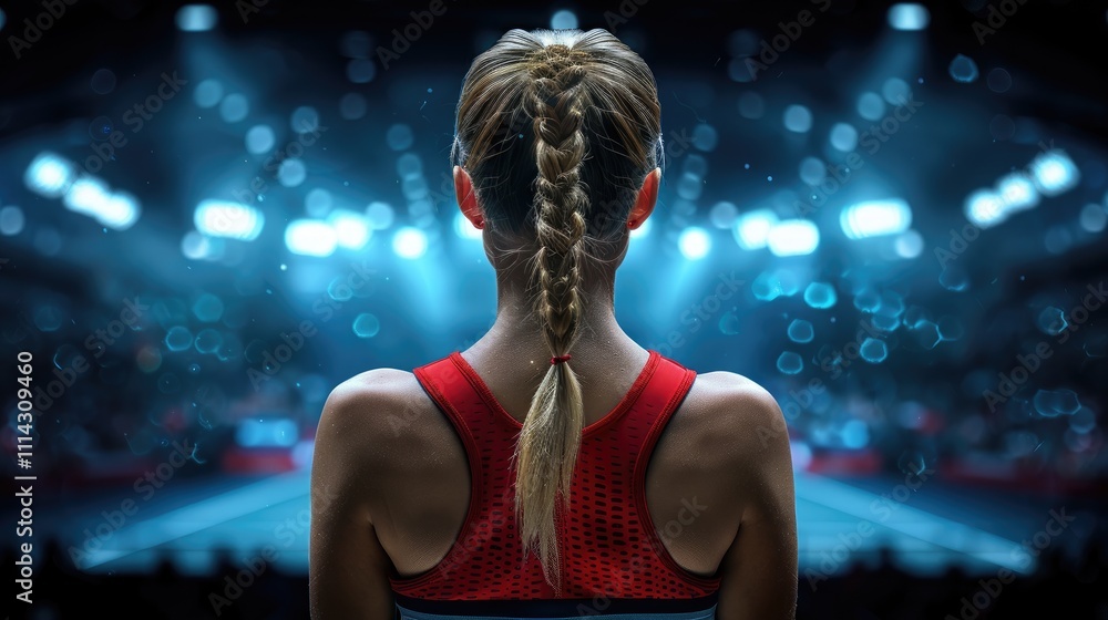 Woman prepares for a tennis match surrounded by the American flag and vibrant lights Woman prepares for a tennis match surrounded by the American flag and vibrant lights