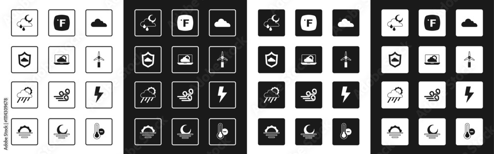 Set Cloud, Weather forecast, with rain and moon, Wind turbine, Fahrenheit, Lightning bolt and sun icon. Vector Set Cloud, Weather forecast, with rain and moon, Wind turbine, Fahrenheit, Lightning bolt and sun icon. Vector