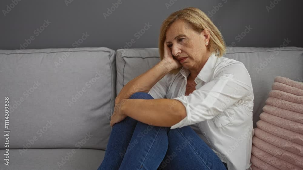 Elderly woman sitting thoughtfully on a sofa in a cozy living room wearing casual attire with a pillow beside her showing an expression of introspection and contemplation Elderly woman sitting thoughtfully on a sofa in a cozy living room wearing casual attire with a pillow beside her showing an expression of introspection and contemplation