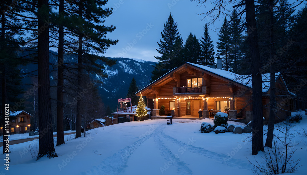 Mountain chalet surrounded by pine trees, with glowing Christmas lights and a snow-covered landscape Mountain chalet surrounded by pine trees, with glowing Christmas lights and a snow-covered landscape