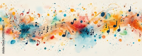 Colorful musical notes swirling across a vibrant watercolor background creating a joyful effect