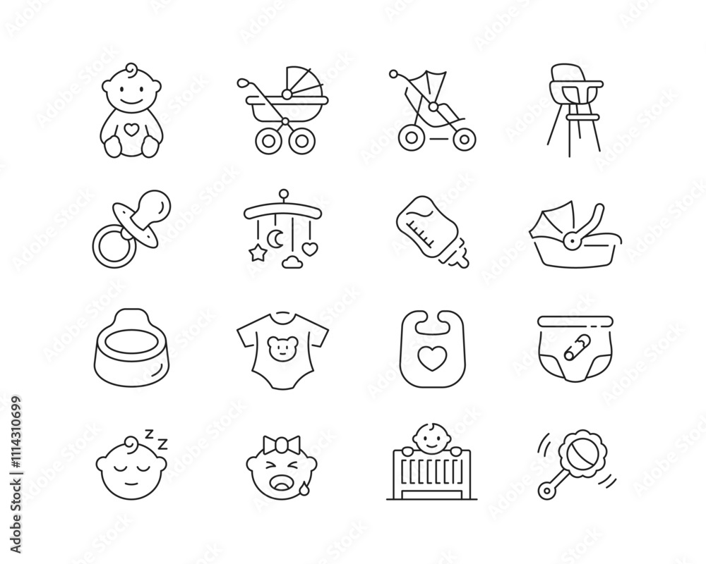 Baby and Childcare Icon collection containing 16 editable stroke icons. Perfect for logos, stats and infographics. Edit the thickness of the line in Adobe Illustrator (or any vector capable app). Baby and Childcare Icon collection containing 16 editable stroke icons. Perfect for logos, stats and infographics. Edit the thickness of the line in Adobe Illustrator (or any vector capable app).