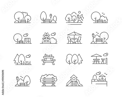 Parks and Green Space Icon collection containing 16 editable stroke icons. Perfect for logos, stats and infographics. Edit the thickness of the line in Adobe Illustrator (or any vector capable app).