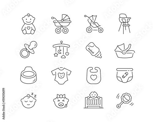 Baby and Childcare Icon collection containing 16 editable stroke icons. Perfect for logos, stats and infographics. Edit the thickness of the line in Adobe Illustrator (or any vector capable app).