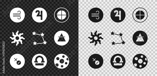 Set Windy weather, Symbol Jupiter, Earth globe, Venus symbol, Libra zodiac, Full moon, Sun and Star constellation icon. Vector