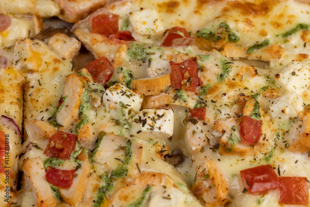 hot pizza with soft dough and cheese with ham and spices hot pizza with soft dough and cheese with ham and spices