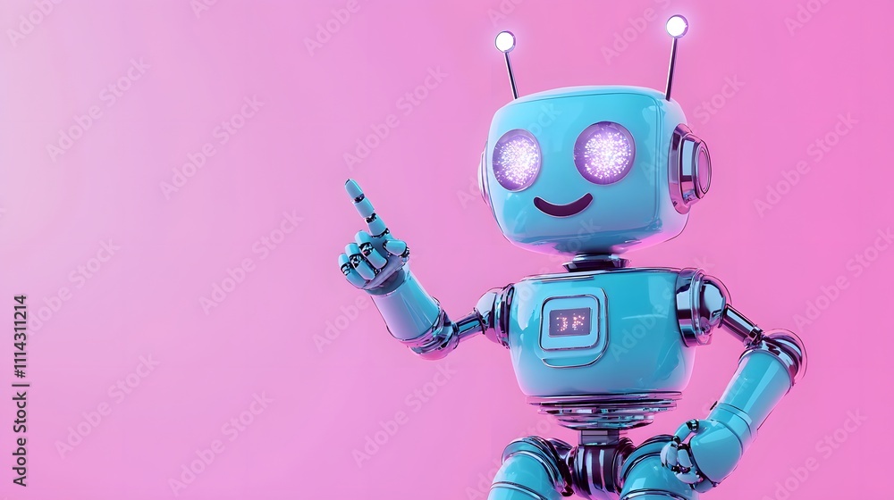 Large Blue Robot with Sparkling Eyes Looking Happy, Pointing to the Right, Gradient Light Purple Background for Digital Marketing Ads Large Blue Robot with Sparkling Eyes Looking Happy, Pointing to the Right, Gradient Light Purple Background for Digital Marketing Ads