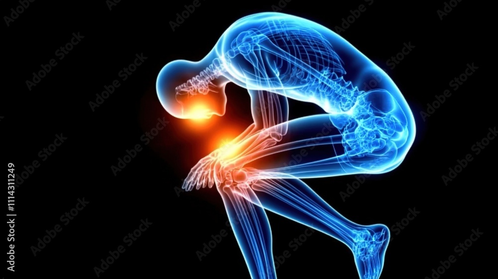 3D illustration of a jogger with a painful knee, emphasizing joint discomfort and injury awareness. 3D illustration of a jogger with a painful knee, emphasizing joint discomfort and injury awareness.