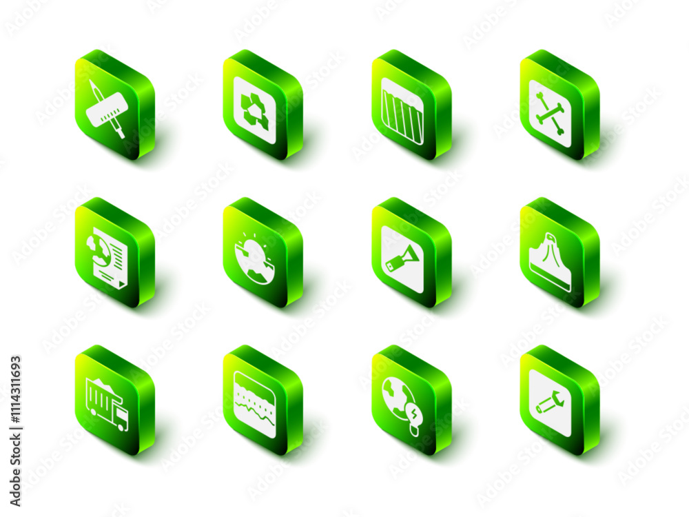 Set Gold nugget, Ground, Archeology, Volcano, Wrench spanner, Paint brush, Global planet with bulb and Soil ground layers icon. Vector Set Gold nugget, Ground, Archeology, Volcano, Wrench spanner, Paint brush, Global planet with bulb and Soil ground layers icon. Vector