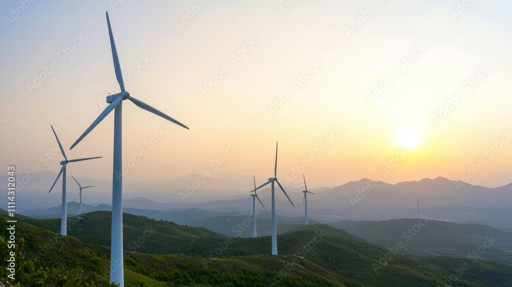 Environmental Consideration Concept. Wind turbines on a hillside during sunset, promoting renewable energy. Environmental Consideration Concept. Wind turbines on a hillside during sunset, promoting renewable energy.