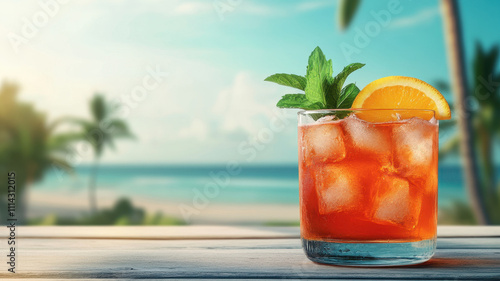 vibrant orange summer drink with ice cubes, garnished with mint and orange slice, evokes refreshing tropical vibe by beach