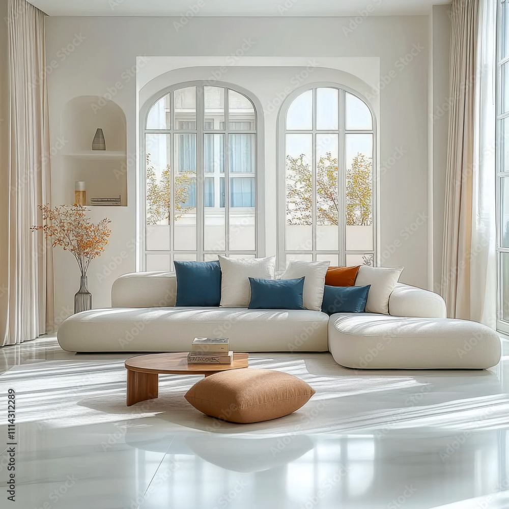 Fototapeta premium Minimalist interior design of modern living room blue and orange sofa