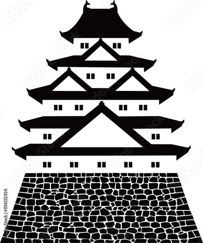 日本の城　五重五階の天守の白黒イラスト