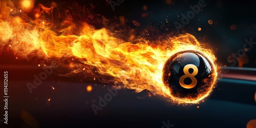 Fiery Eight Ball: A blazing image of a pool ball engulfed in flames,  a dynamic and dramatic visual representing competition, excitement, and victory photo