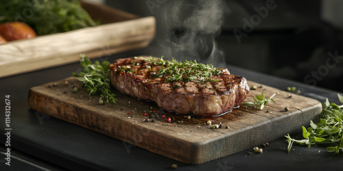 Grilled Juicy Steak Topped with Herb Butter on Barbecue Grill photo