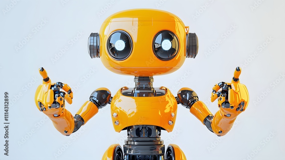Large Orange Robot with Playful Eyes and Happy Face Pointing to the Center, Gradient Soft Gray Background for Fun AI Visuals Large Orange Robot with Playful Eyes and Happy Face Pointing to the Center, Gradient Soft Gray Background for Fun AI Visuals