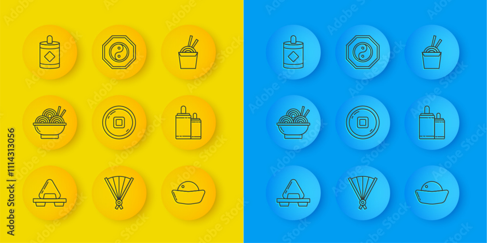 Set line Sushi on cutting board, Asian noodles bowl, Chinese Yuan currency, Firework, paper box and chopsticks and Yin Yang icon. Vector Set line Sushi on cutting board, Asian noodles bowl, Chinese Yuan currency, Firework, paper box and chopsticks and Yin Yang icon. Vector