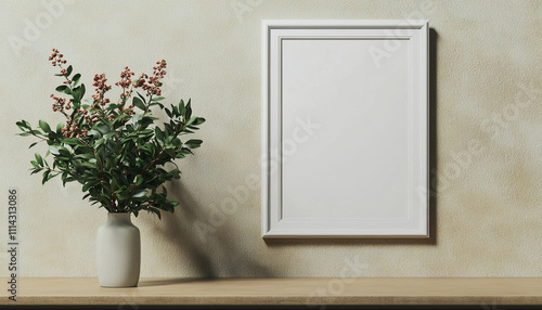 Minimalist interior design with empty frame and vase on wooden shelf, creating a serene and modern atmosphere.