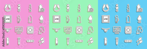 Set line Sperm, Penis pump, Anal plug, beads, Dildo vibrator, Play Video with 18 plus content, and Condom icon. Vector
