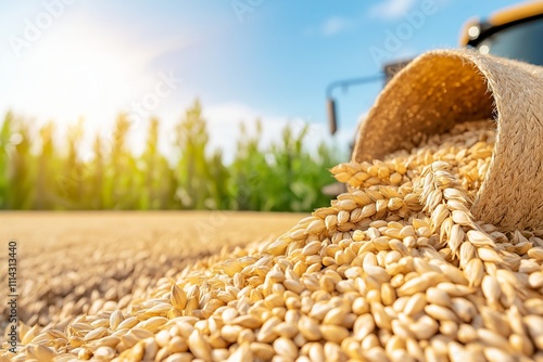 Golden wheat grains spilling from sack in sunlit field
