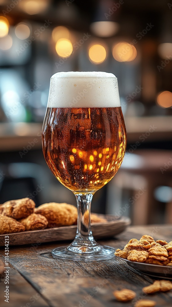 Golden beverage in a stylish glass alongside snacks in a cozy bar setting Golden beverage in a stylish glass alongside snacks in a cozy bar setting