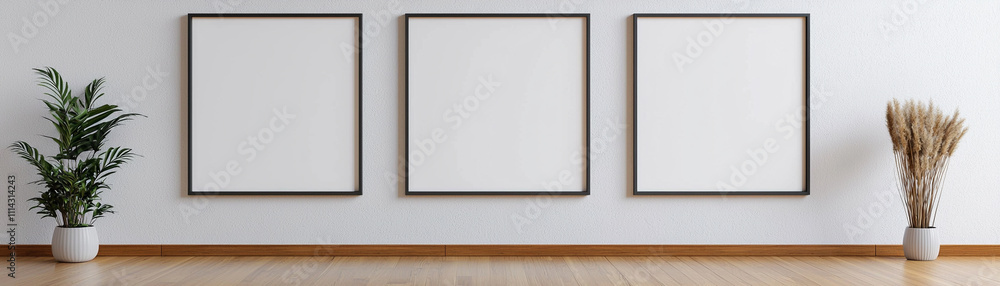 Fototapeta premium Minimalist interior with three blank frames, plants, and wooden floor, perfect for modern home decor and art display.