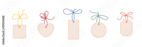 Tag price for holiday gift. Set of paper coupon with bow. Sale border blank collection. Vector illustration on white background