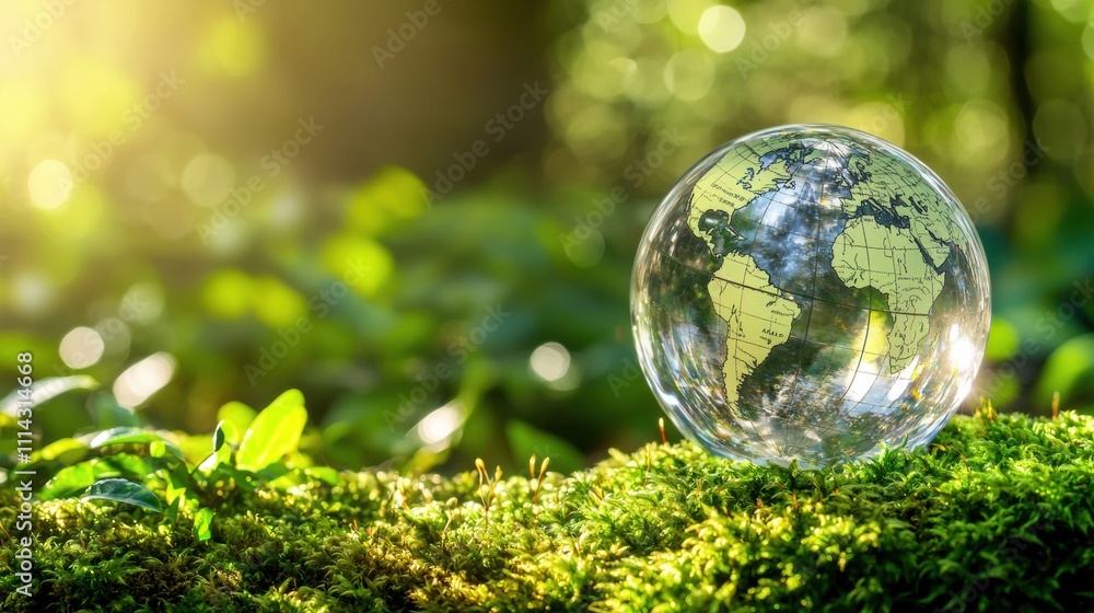 Crystal clear glass globe depicting the world in lush green forest nature photography serene environment close-up view Crystal clear glass globe depicting the world in lush green forest nature photography serene environment close-up view