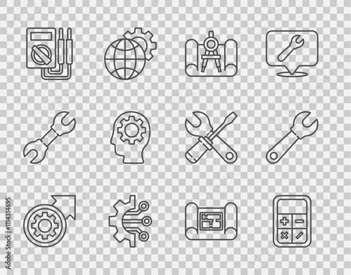 Set line Gear and arrows as workflow process, Calculator, Graphing paper compass, Algorithm, Multimeter, Human head with gear inside, House plan and Wrench spanner icon. Vector