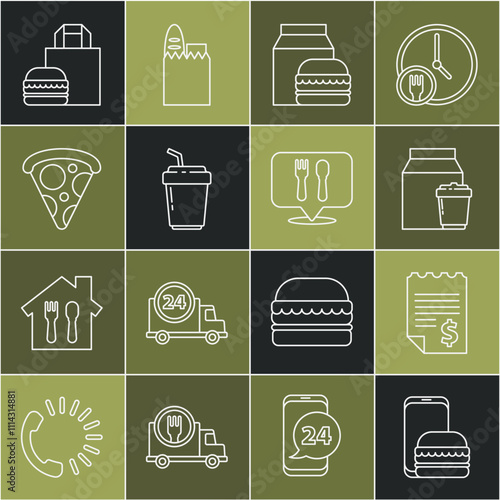 Set line Online ordering and delivery, Paper financial check, burger, Coffee cup to go, Slice pizza, and Cafe restaurant location icon. Vector