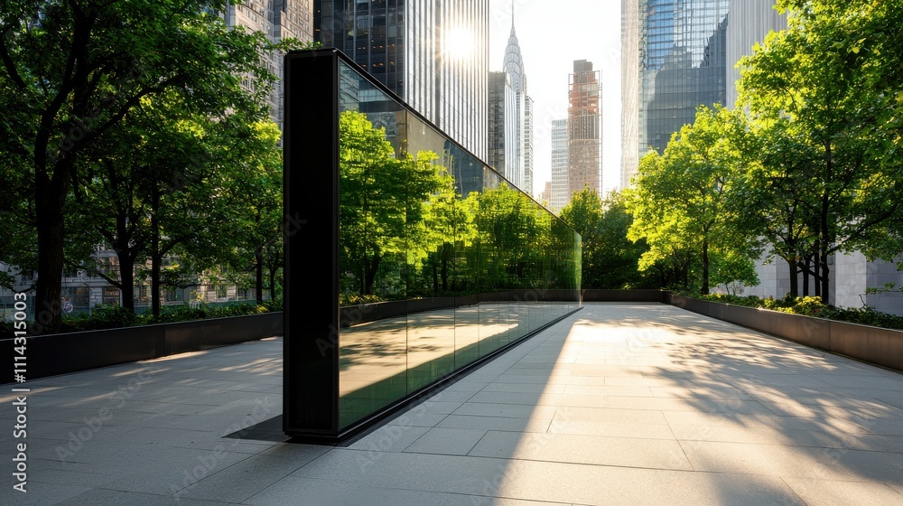 Environmental Consideration Concept. Urban park with tall buildings, trees, and a striking black sculpture. Environmental Consideration Concept. Urban park with tall buildings, trees, and a striking black sculpture.