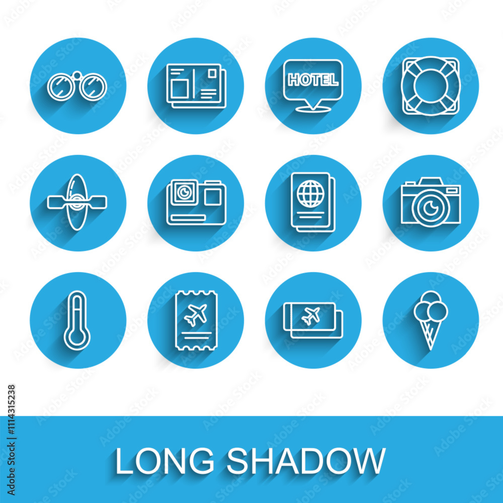 Set line Meteorology thermometer, Airline ticket, Binoculars, Ice cream waffle cone, Action extreme camera, Photo and Passport icon. Vector Set line Meteorology thermometer, Airline ticket, Binoculars, Ice cream waffle cone, Action extreme camera, Photo and Passport icon. Vector