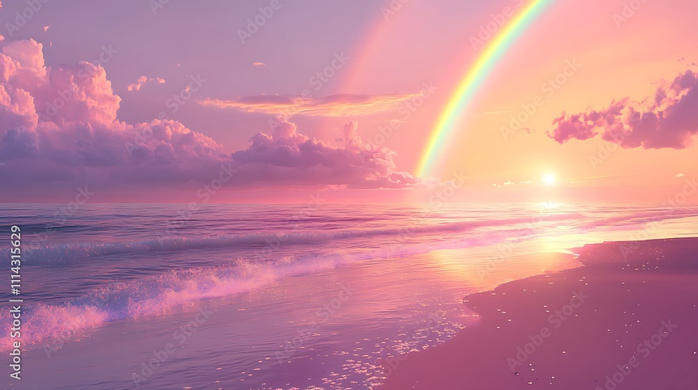 Pink Sunset Ocean Scene With Rainbow Over Waves Pink Sunset Ocean Scene With Rainbow Over Waves