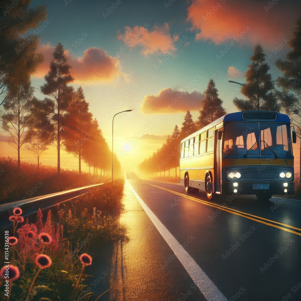 Obraz premium Bus on the road at sunset. Travel concept. 3d rendering
