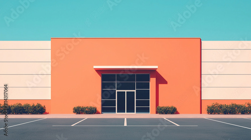 Modern commercial building facade in vibrant orange under clear blue sky with empty parking lot.