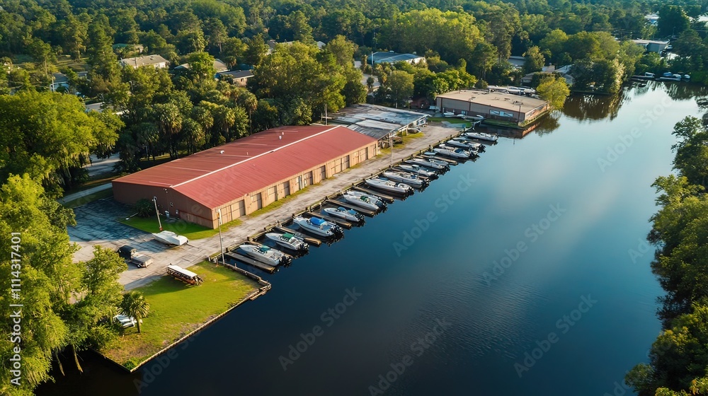 Naklejka premium Aerial view of boats docked at a waterfront warehouse.
