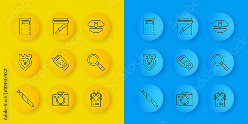 Set line Marijuana joint, Police badge, Walkie talkie, body camera, Magnifying glass with search, assault shield, cap cockade and Evidence bag knife icon. Vector