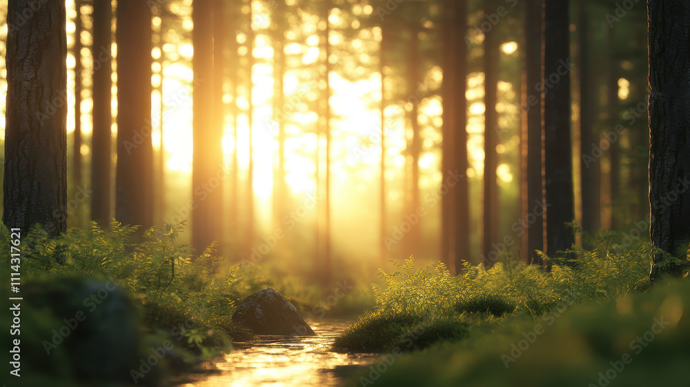 Obraz premium tranquil forest at sunrise with golden light filtering through trees, creating serene atmosphere. gentle stream flows amidst lush greenery, inviting peace and reflection